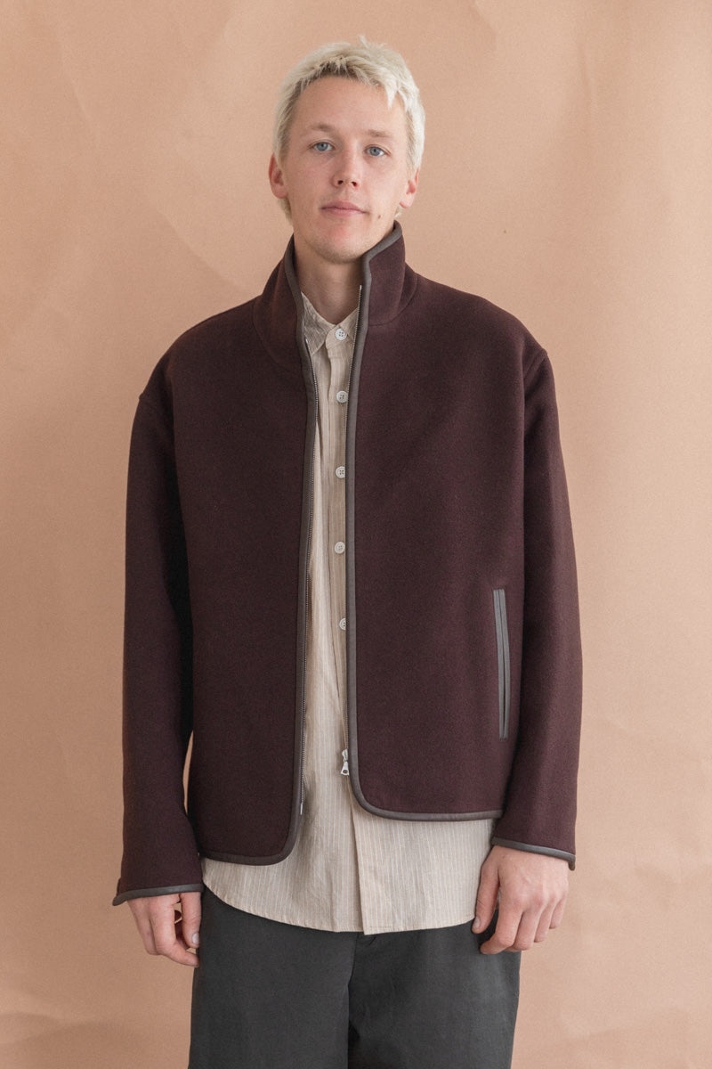 DOUBLE CLOTH HEAVY WOOL PILE ZIP BLOUSON IN DARK BROWN