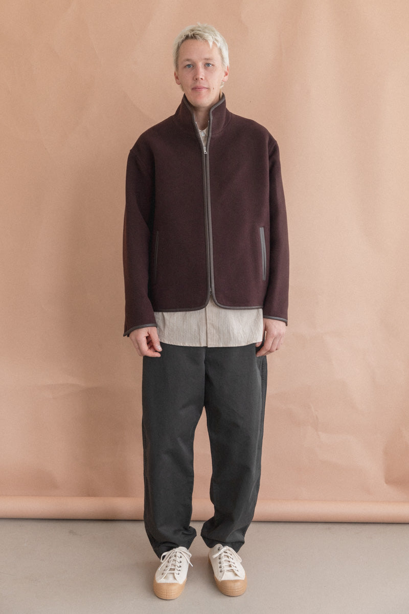 DOUBLE CLOTH HEAVY WOOL PILE ZIP BLOUSON IN DARK BROWN