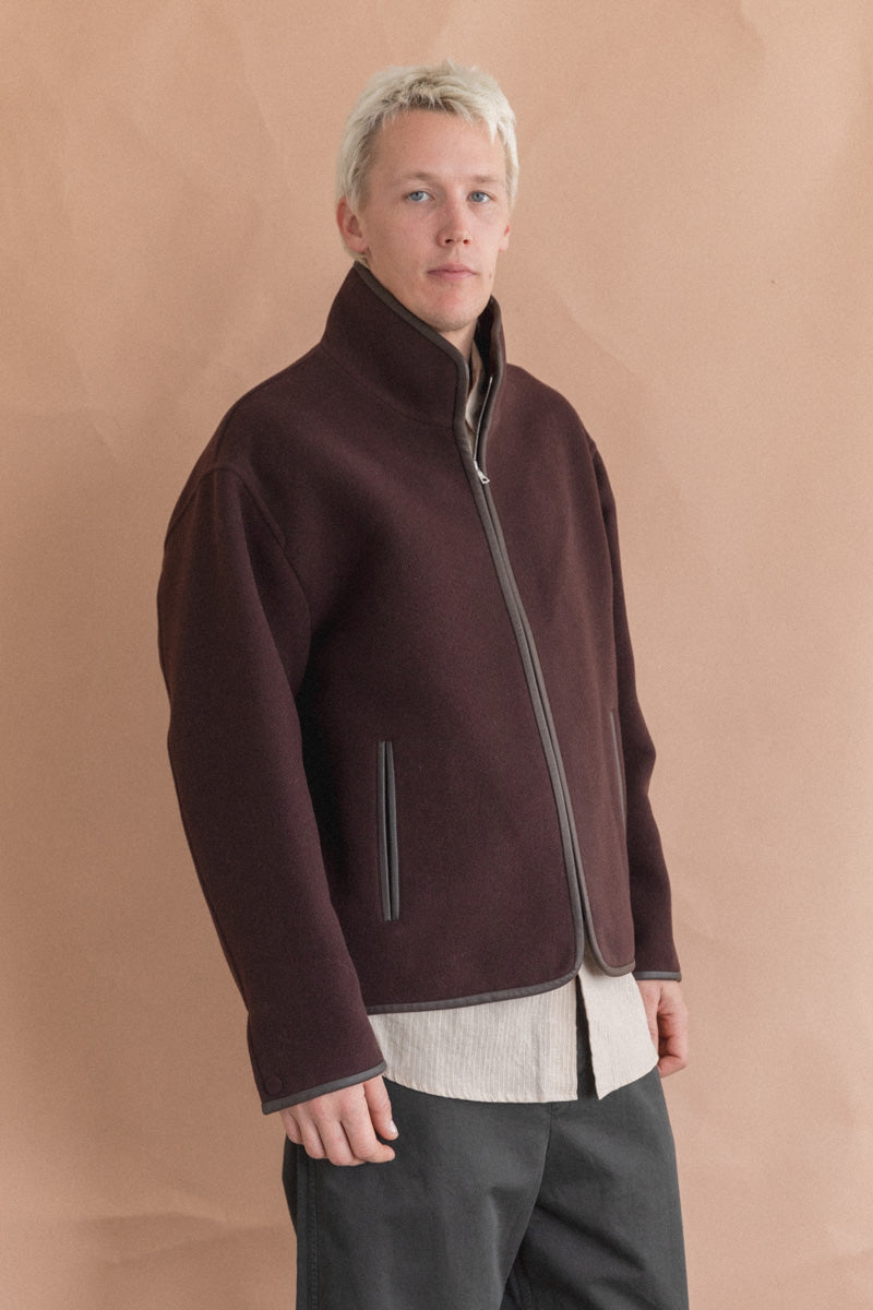 DOUBLE CLOTH HEAVY WOOL PILE ZIP BLOUSON IN DARK BROWN