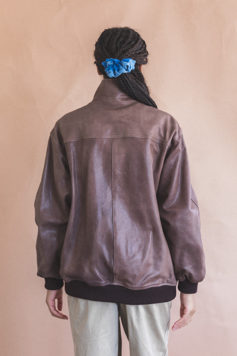 HEAVY LAMB LEATHER ZIP BLOUSON IN DARK BROWN