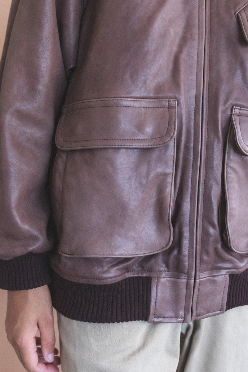 HEAVY LAMB LEATHER ZIP BLOUSON IN DARK BROWN