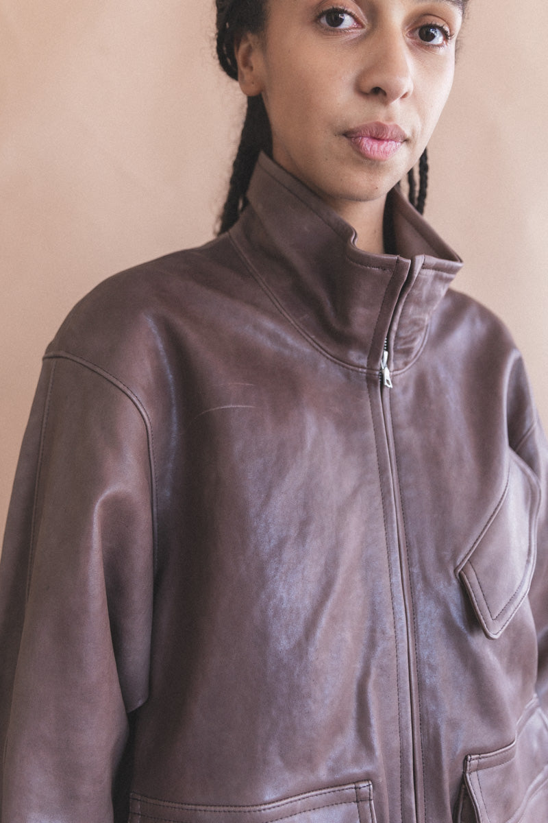 HEAVY LAMB LEATHER ZIP BLOUSON IN DARK BROWN