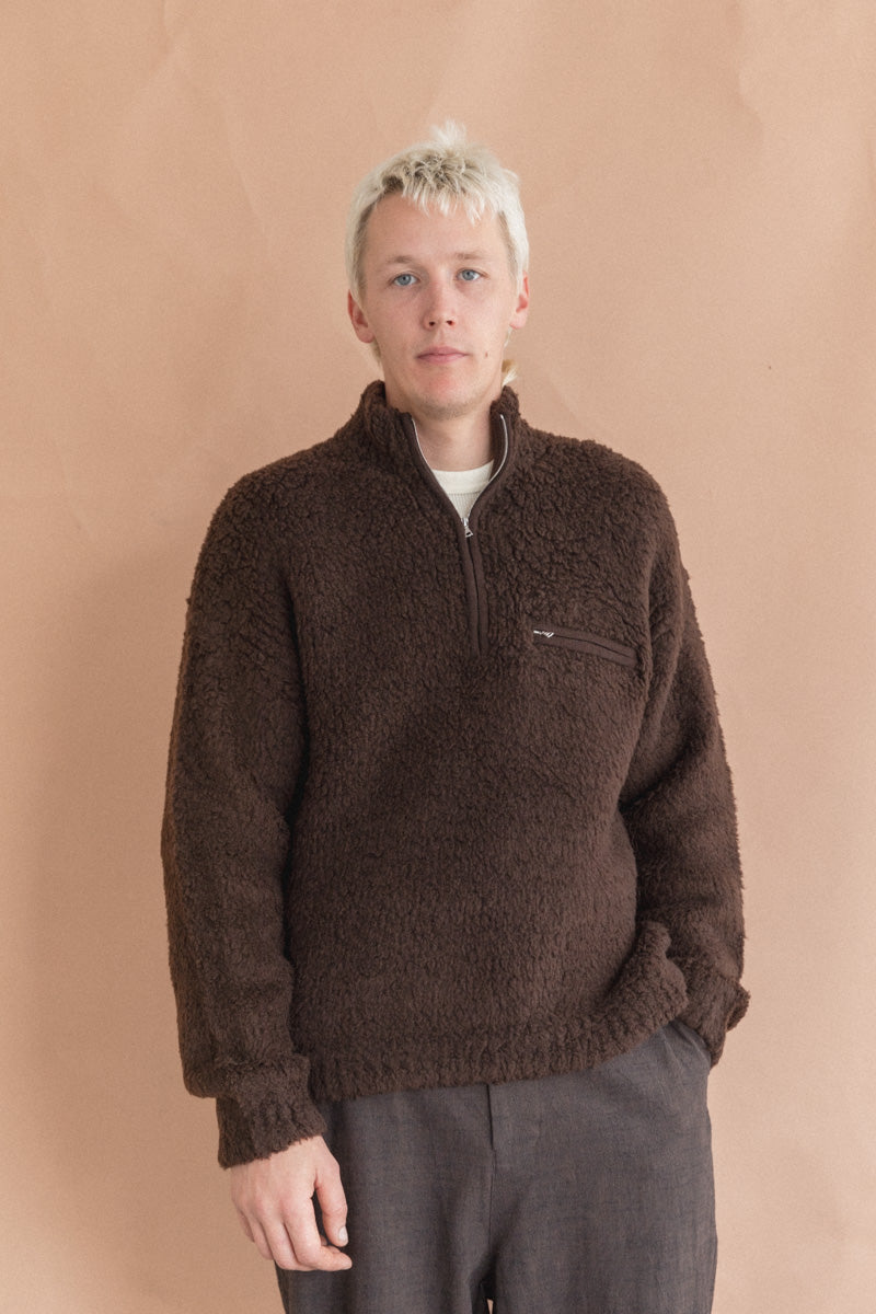 MERINO WOOL BOA KNIT HALF ZIP PULLOVER IN DARK BROWN