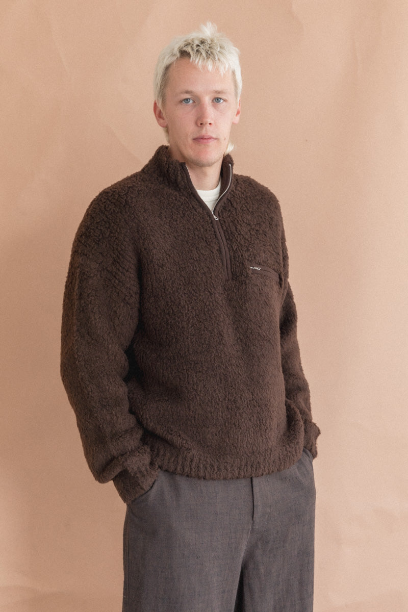 MERINO WOOL BOA KNIT HALF ZIP PULLOVER IN DARK BROWN