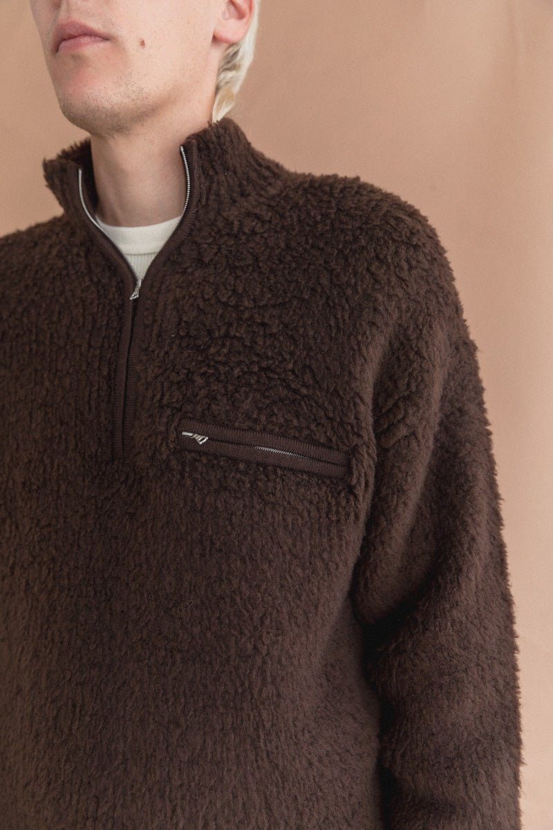 MERINO WOOL BOA KNIT HALF ZIP PULLOVER IN DARK BROWN