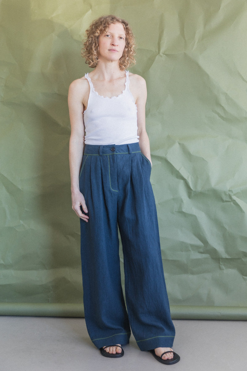 MARA TROUSER IN DARK INDIGO JAPANESE LINEN WITH CONTRAST TRIM