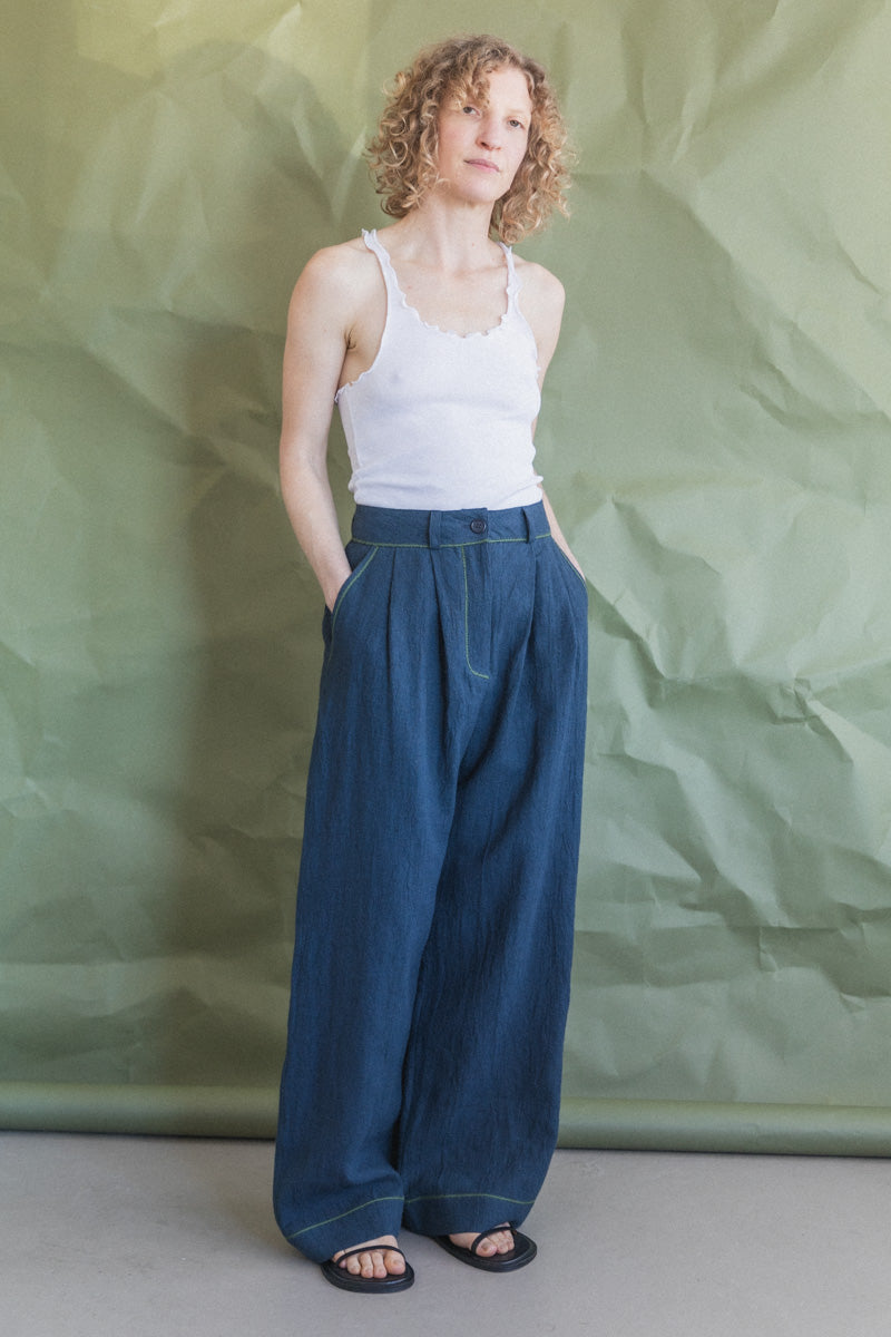 MARA TROUSER IN DARK INDIGO JAPANESE LINEN WITH CONTRAST TRIM