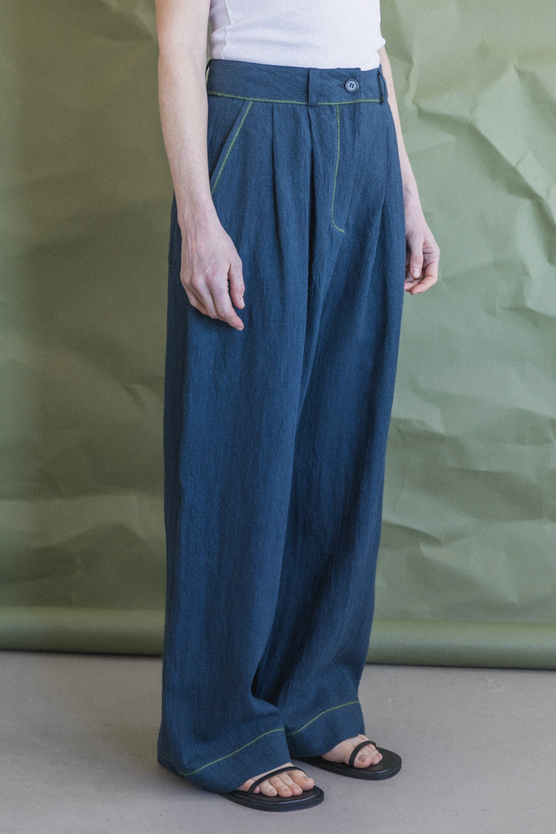 MARA TROUSER IN DARK INDIGO JAPANESE LINEN WITH CONTRAST TRIM