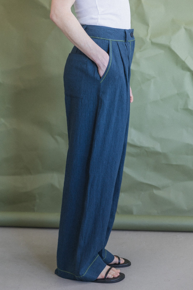 MARA TROUSER IN DARK INDIGO JAPANESE LINEN WITH CONTRAST TRIM