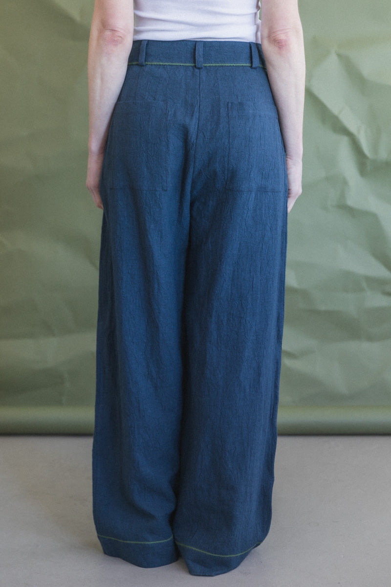 MARA TROUSER IN DARK INDIGO JAPANESE LINEN WITH CONTRAST TRIM