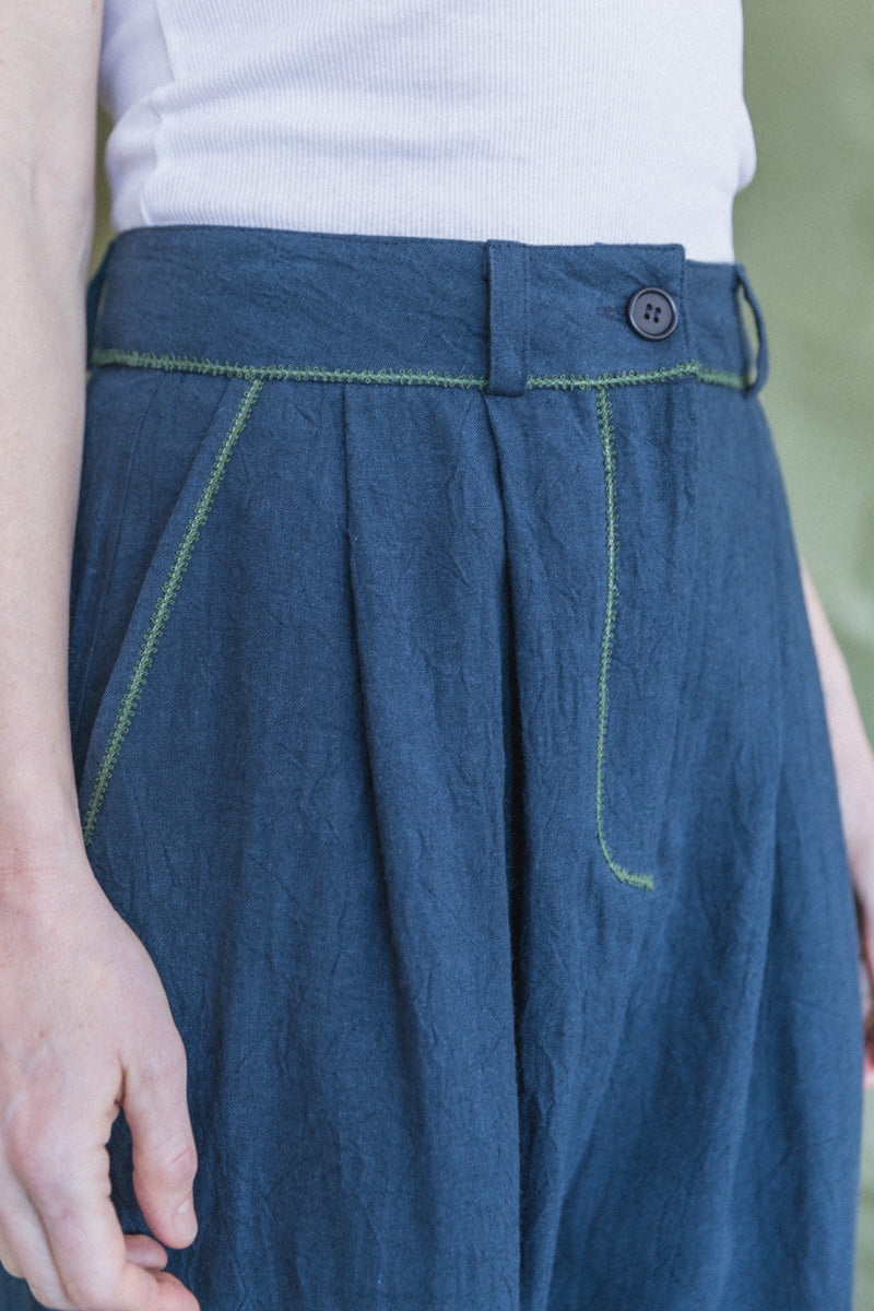 MARA TROUSER IN DARK INDIGO JAPANESE LINEN WITH CONTRAST TRIM