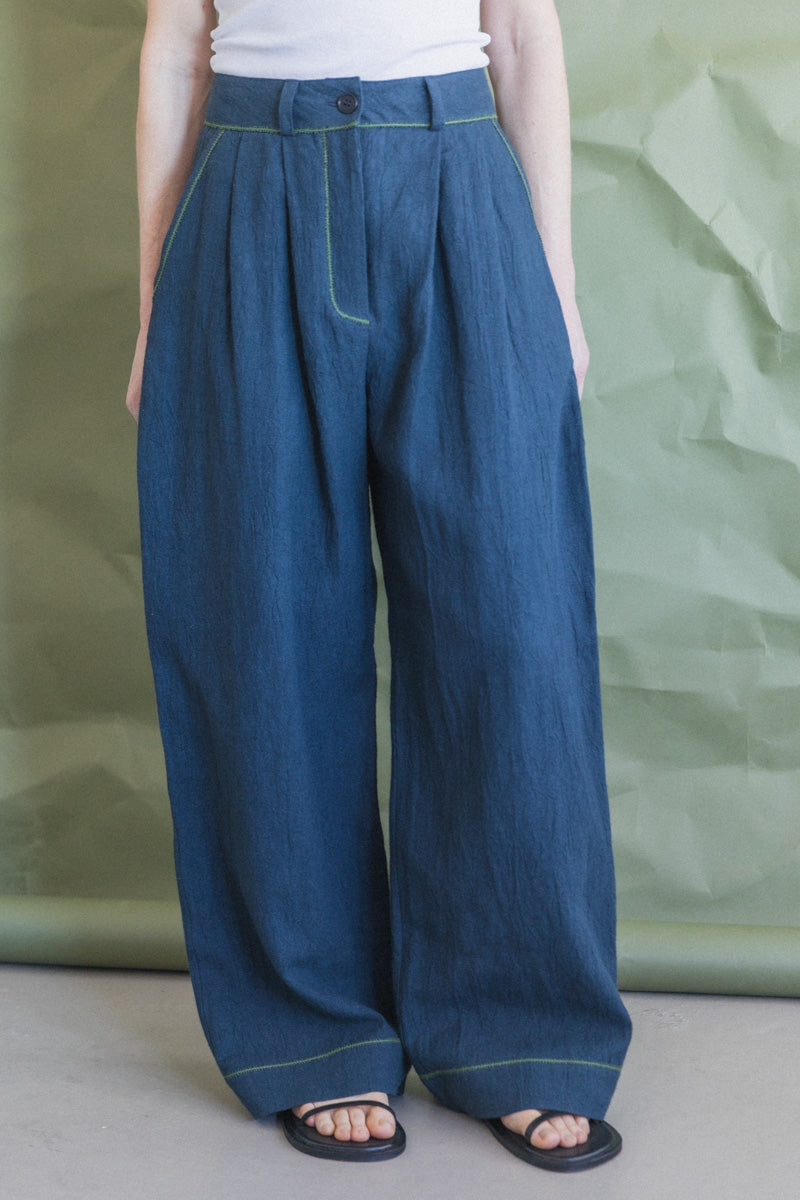 MARA TROUSER IN DARK INDIGO JAPANESE LINEN WITH CONTRAST TRIM