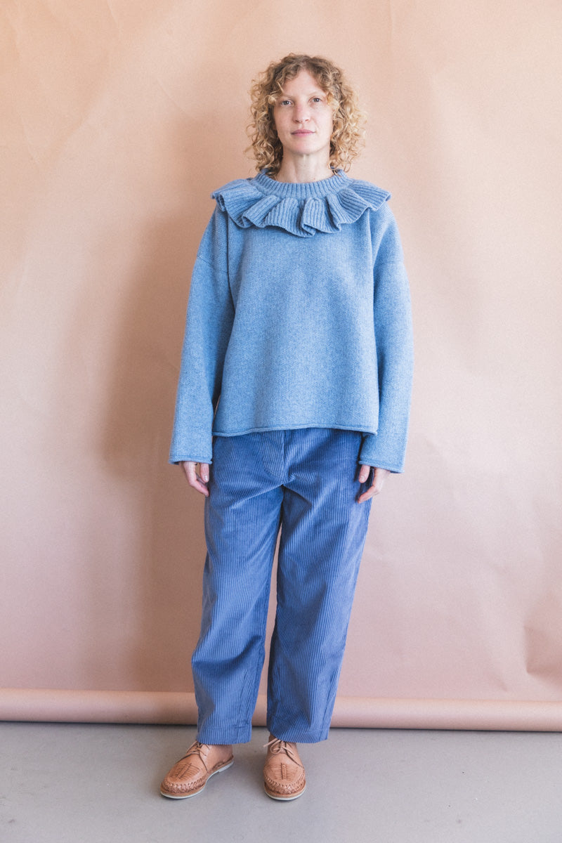 RUFFLE NECK PULLOVER IN GLACIER BRITISH LAMBSWOOL