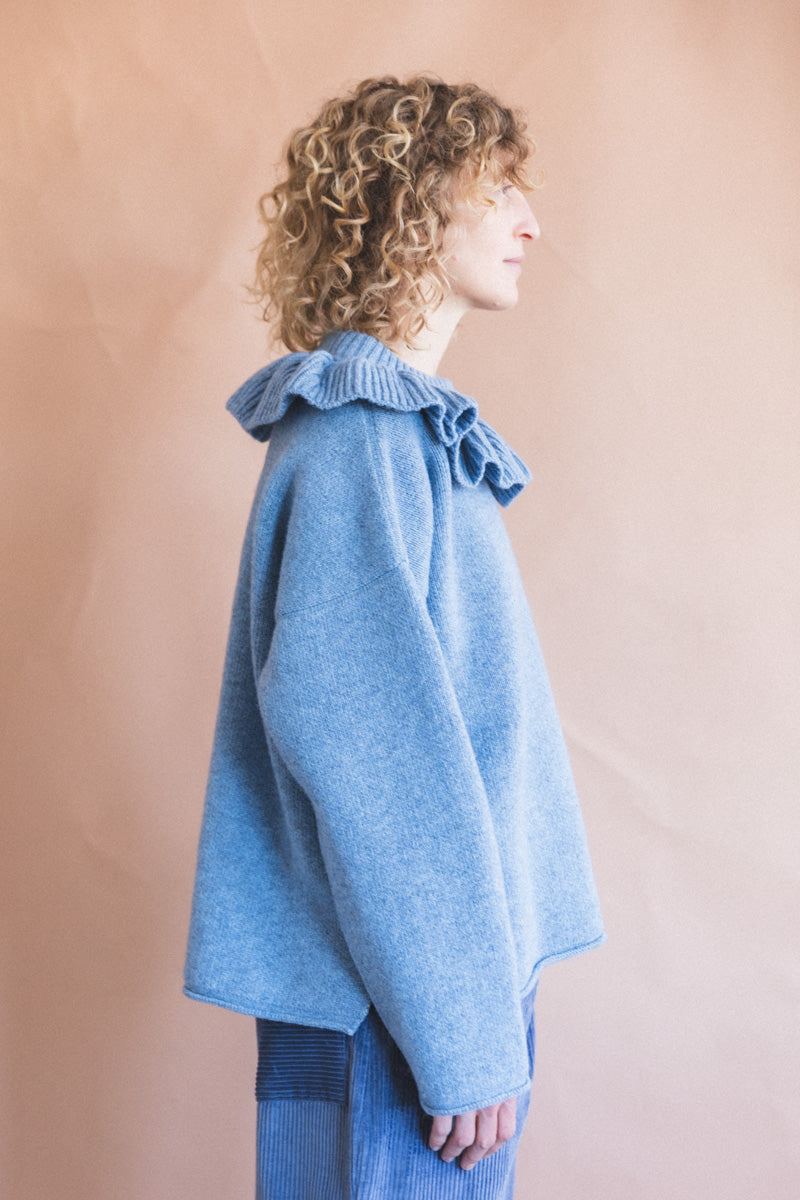 RUFFLE NECK PULLOVER IN GLACIER BRITISH LAMBSWOOL