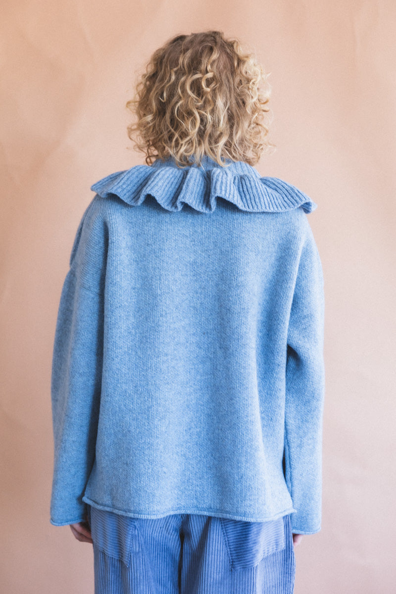 RUFFLE NECK PULLOVER IN GLACIER BRITISH LAMBSWOOL