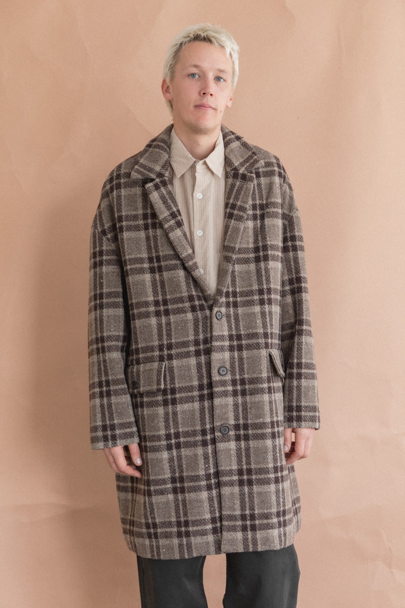 BIG COAT IN BEIGE/BROWN YARN DYED WOOL CHECK