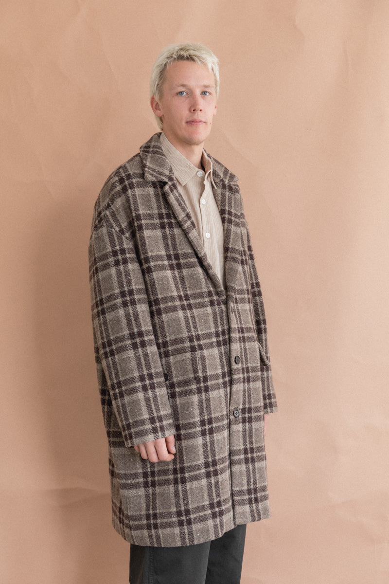 BIG COAT IN BEIGE/BROWN YARN DYED WOOL CHECK