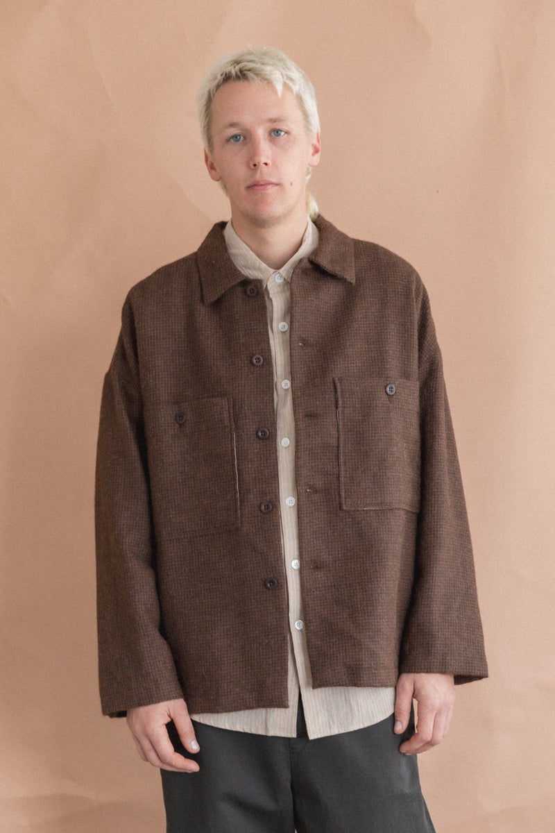 FIELD SHIRT TWO IN UNDYED BROWN ALPACA HOUNDSTOOTH