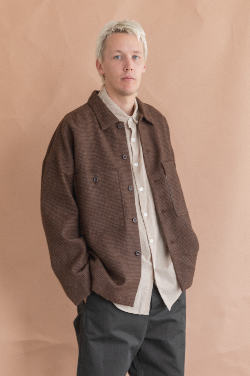 FIELD SHIRT TWO IN UNDYED BROWN ALPACA HOUNDSTOOTH