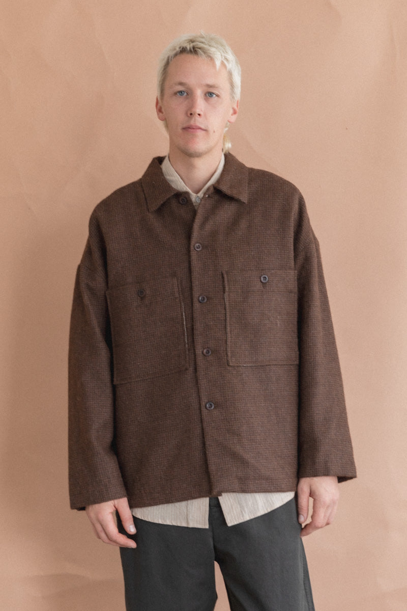 FIELD SHIRT TWO IN UNDYED BROWN ALPACA HOUNDSTOOTH