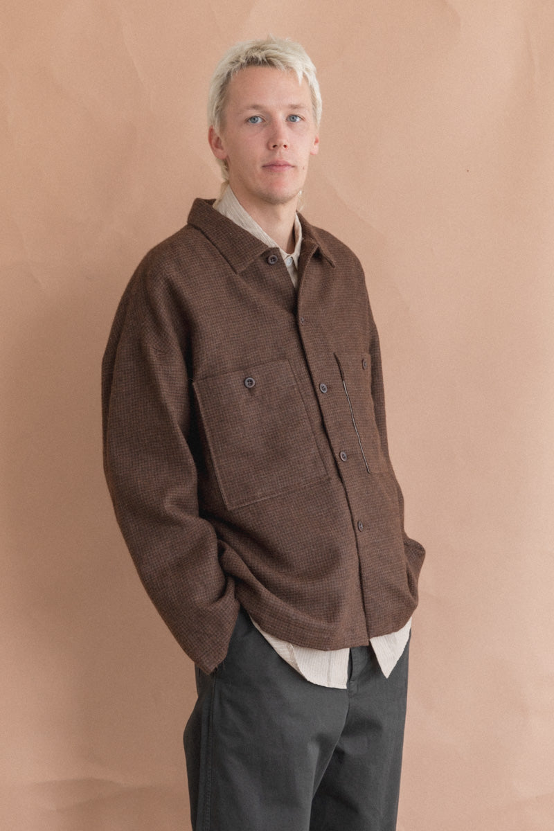 FIELD SHIRT TWO IN UNDYED BROWN ALPACA HOUNDSTOOTH