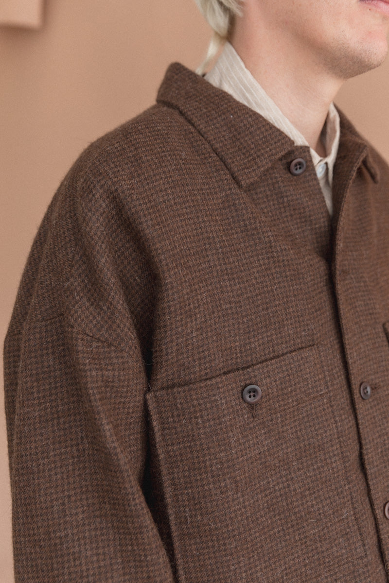 FIELD SHIRT TWO IN UNDYED BROWN ALPACA HOUNDSTOOTH