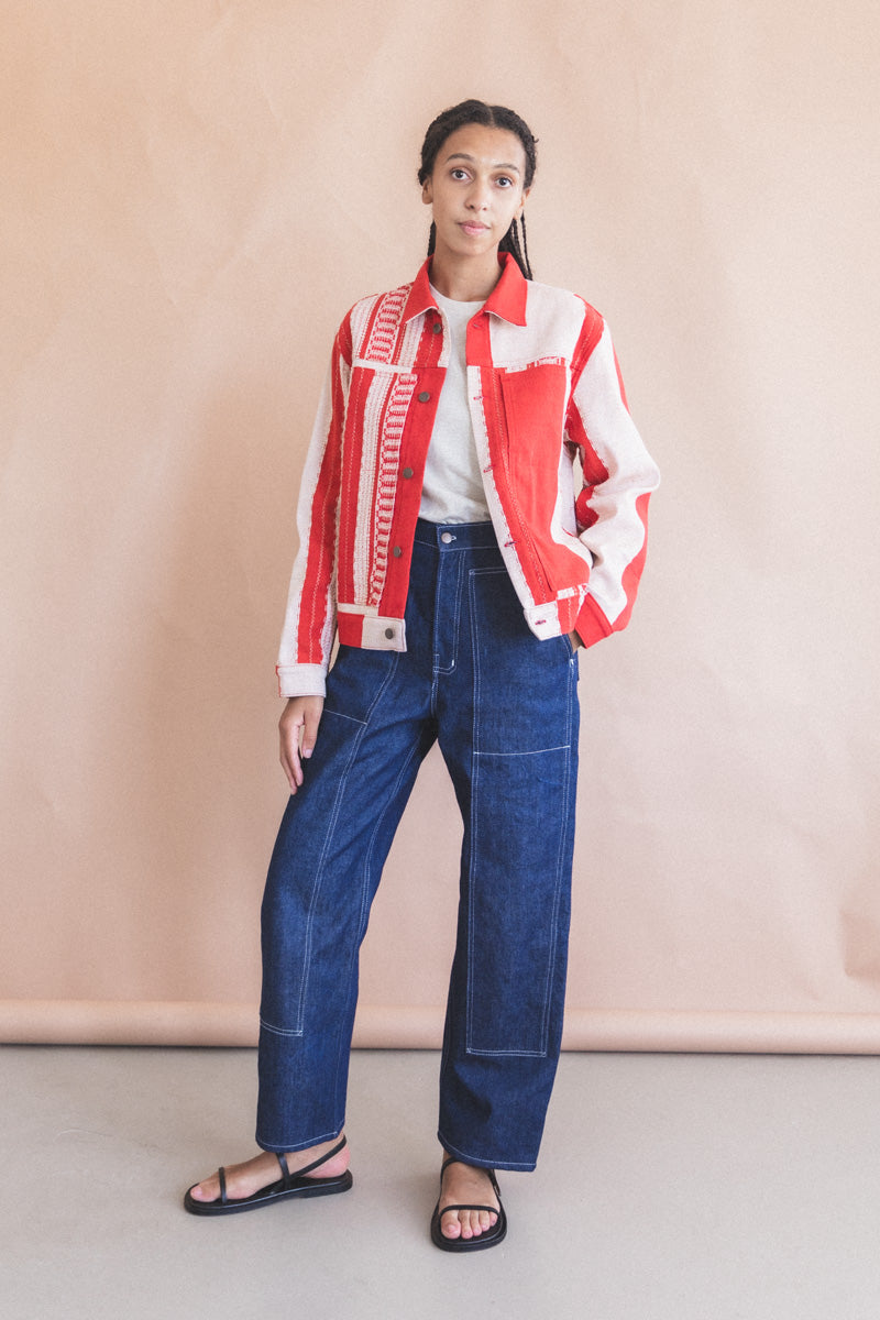 TRUCKER JACKET IN RED AND TAN HANDWOVEN COTTON