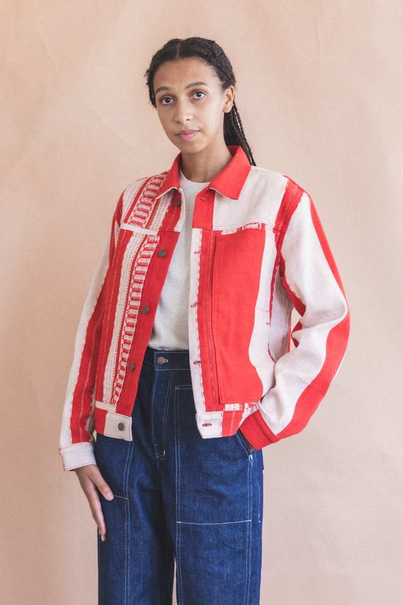 TRUCKER JACKET IN RED AND TAN HANDWOVEN COTTON