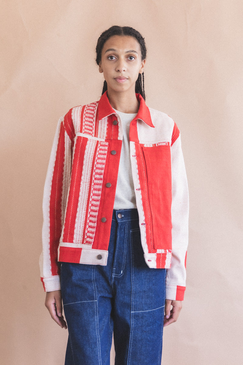 TRUCKER JACKET IN RED AND TAN HANDWOVEN COTTON