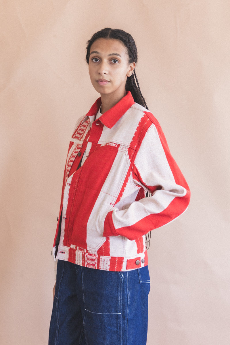 TRUCKER JACKET IN RED AND TAN HANDWOVEN COTTON