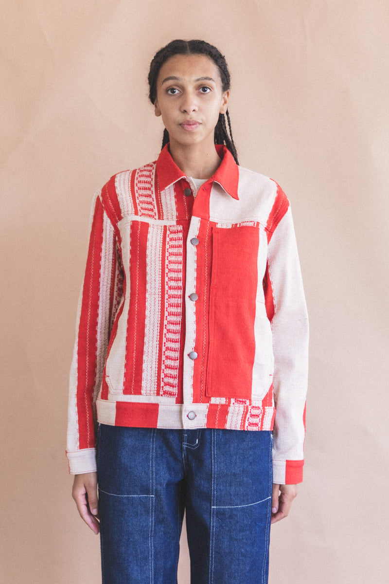 TRUCKER JACKET IN RED AND TAN HANDWOVEN COTTON