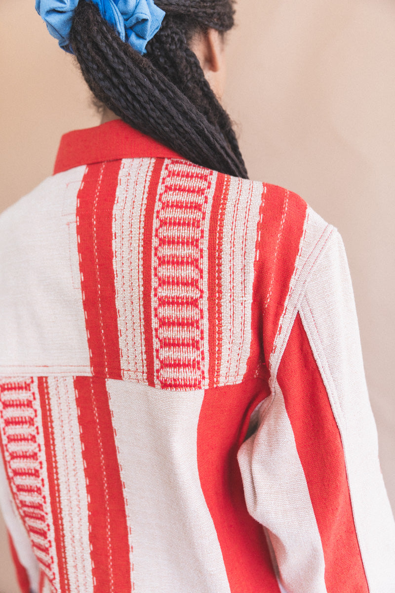 TRUCKER JACKET IN RED AND TAN HANDWOVEN COTTON