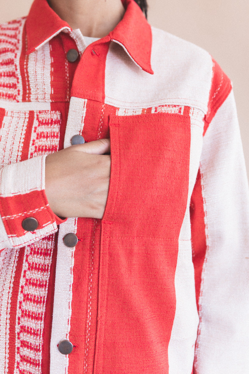 TRUCKER JACKET IN RED AND TAN HANDWOVEN COTTON