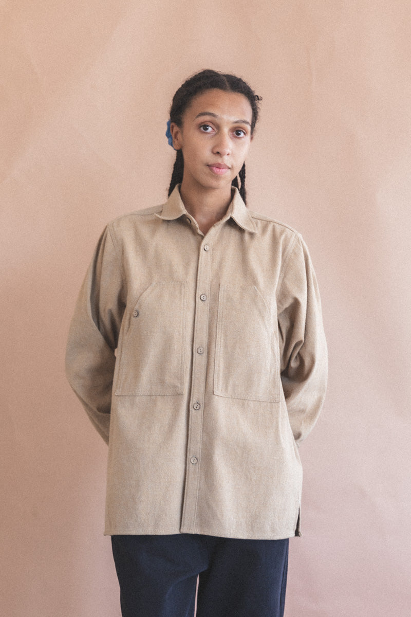 OLIVA WORK SHIRT IN TAN HANDWOVEN COTTON