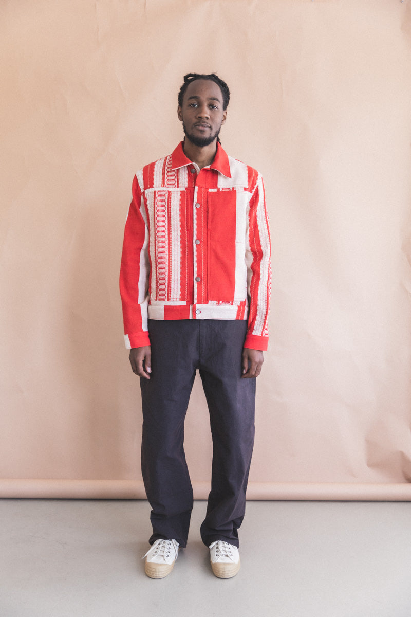 TRUCKER JACKET IN RED AND TAN HANDWOVEN COTTON