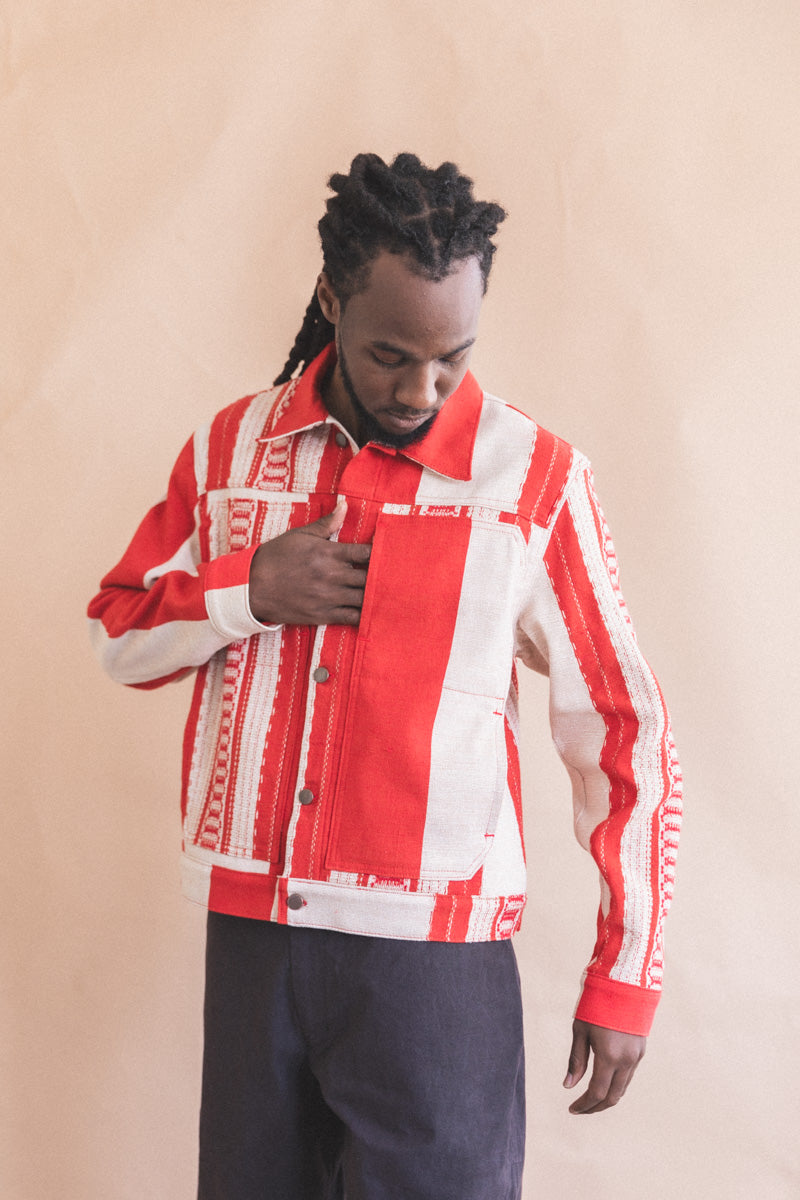 TRUCKER JACKET IN RED AND TAN HANDWOVEN COTTON