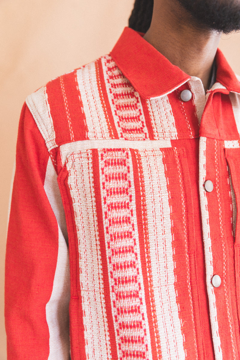 TRUCKER JACKET IN RED AND TAN HANDWOVEN COTTON