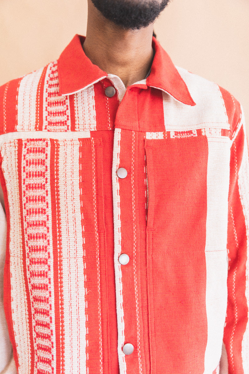 TRUCKER JACKET IN RED AND TAN HANDWOVEN COTTON