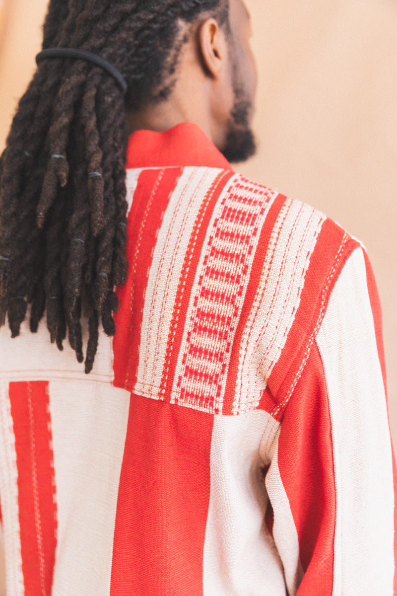 TRUCKER JACKET IN RED AND TAN HANDWOVEN COTTON