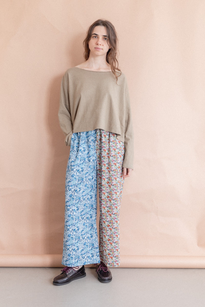 HALF HALF FLORAL WIDE LEG PANTS WITH A TIE